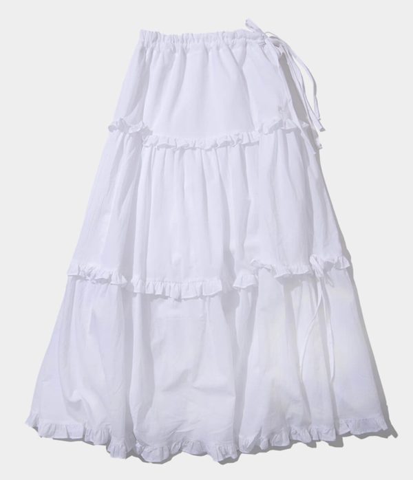 [Place Studio] Cancan Frill Flare Ribbon Shirring Long Cotton Skirt (Cream)