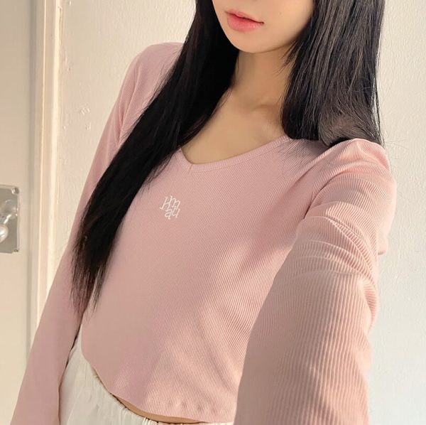 [Muah Muah] Stitch V Neck Long Sleeve T-Shirt (4 Color)