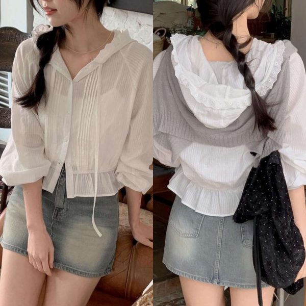 [Shopperland] Margaret Pintuck Lace Frill Hood Blouse (Ivory) *Seasonal Limited*