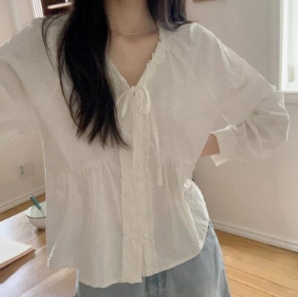 [Shopperland] Frill Lace Pom-Pom Ribbon Blouse (Ivory) *Seasonal Limited*