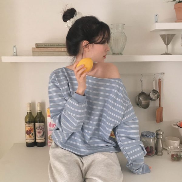 [Slowand] SLOWMADE Stripe Off Shoulder Sweatshirt Two Way (2 Color) *Made in Korea*
