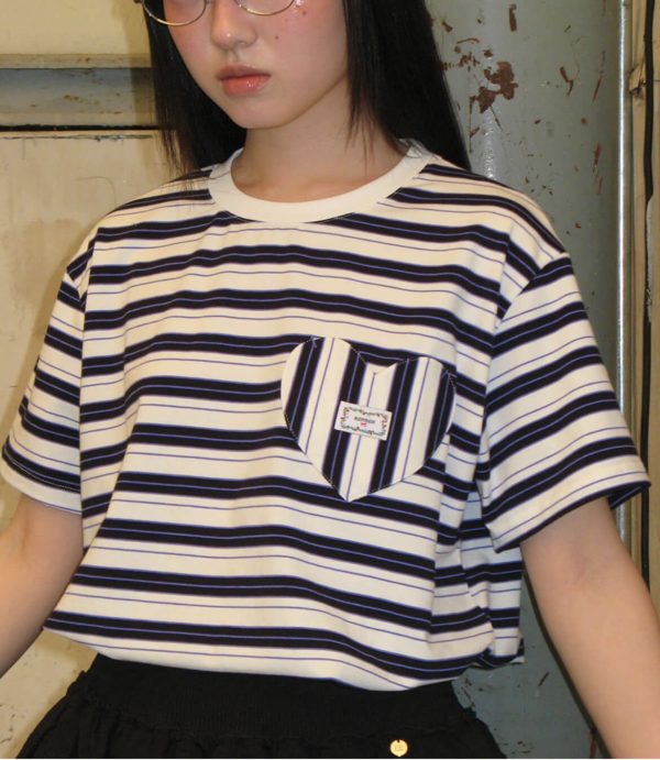 [RonRon] 25SS Multi Stripe Heart Pocket Basic Fit T-Shirt (Ivory Black) *Limited Time Sale*