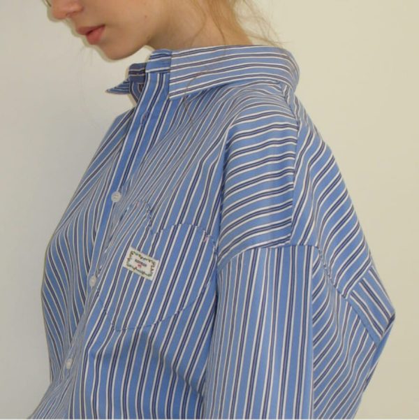[RonRon] Stripe Stitch Heart Pocket Over Fit Shirt (Blue) *Limited Time Sale*