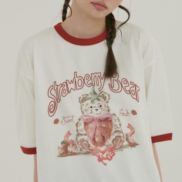 [Ambler] AS1213 Strawberry Bear Graphic Linger T-Shirt (Ivory) *LIMITED*
