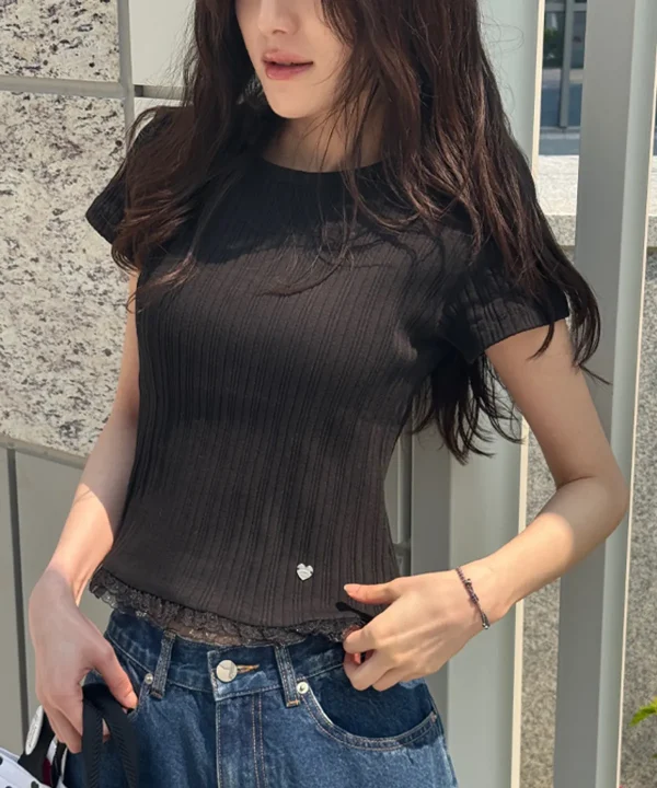 [RonRon] Lace Frill Slim Crop Pleats T-Shirt (3 Color) *Made in Korea*