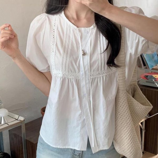 [Shopperland] Lace Pintuck Strap Puff Half Sleeve Blouse (Ivory) *Seasonal Limited*