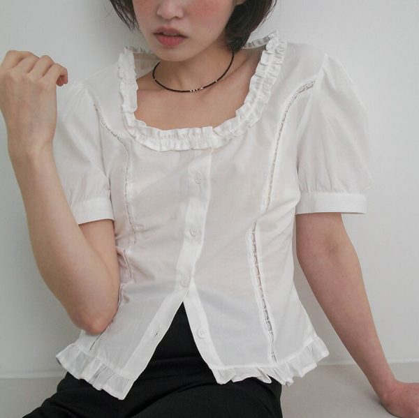 [From Beginning] Caness Frill Square Blouse (2 Color) *Season Limited*
