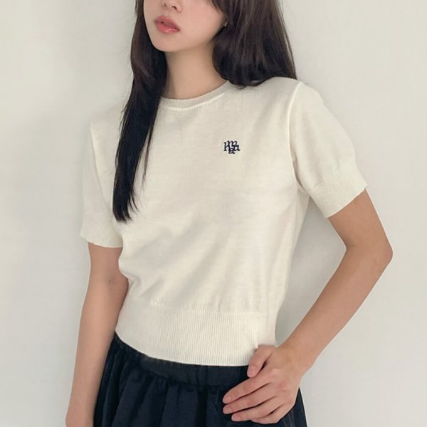 [Muah Muah] Logo Stitch Round Half Sleeve Knit (2 Color) *Season Limited*