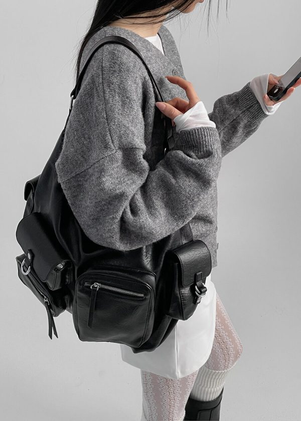 [Blackup] Retro Pocket Leather Shoulder Bag (Black)