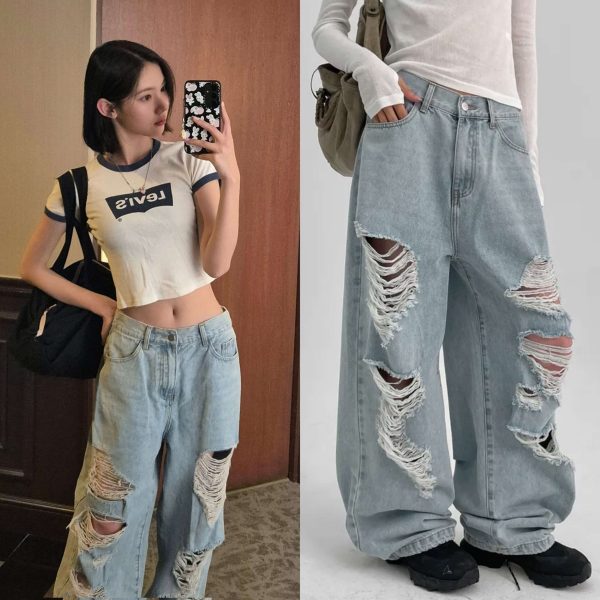 [Blackup] H2H Jiwoo Pick Damaged Back Banding Denim Pants (Light Blue) *Limited*