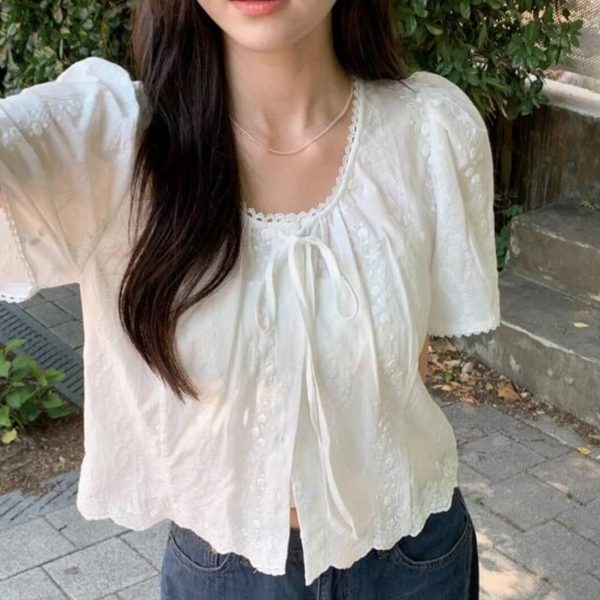 [Shopperland] Lace Half Sleeve Cardigan Puff Ribbon Blouse (Ivory) *Summer Limited*