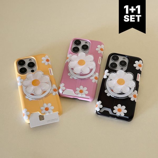 [The Nine Mall] Marguerite Flower Pattern Magsafe Card Pocket Case + Magsafe Acrylic Tok (3 Color) *LIMITED*